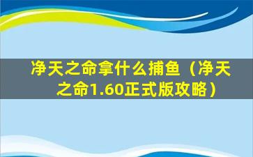 净天之命拿什么捕鱼（净天之命1.60正式版攻略）